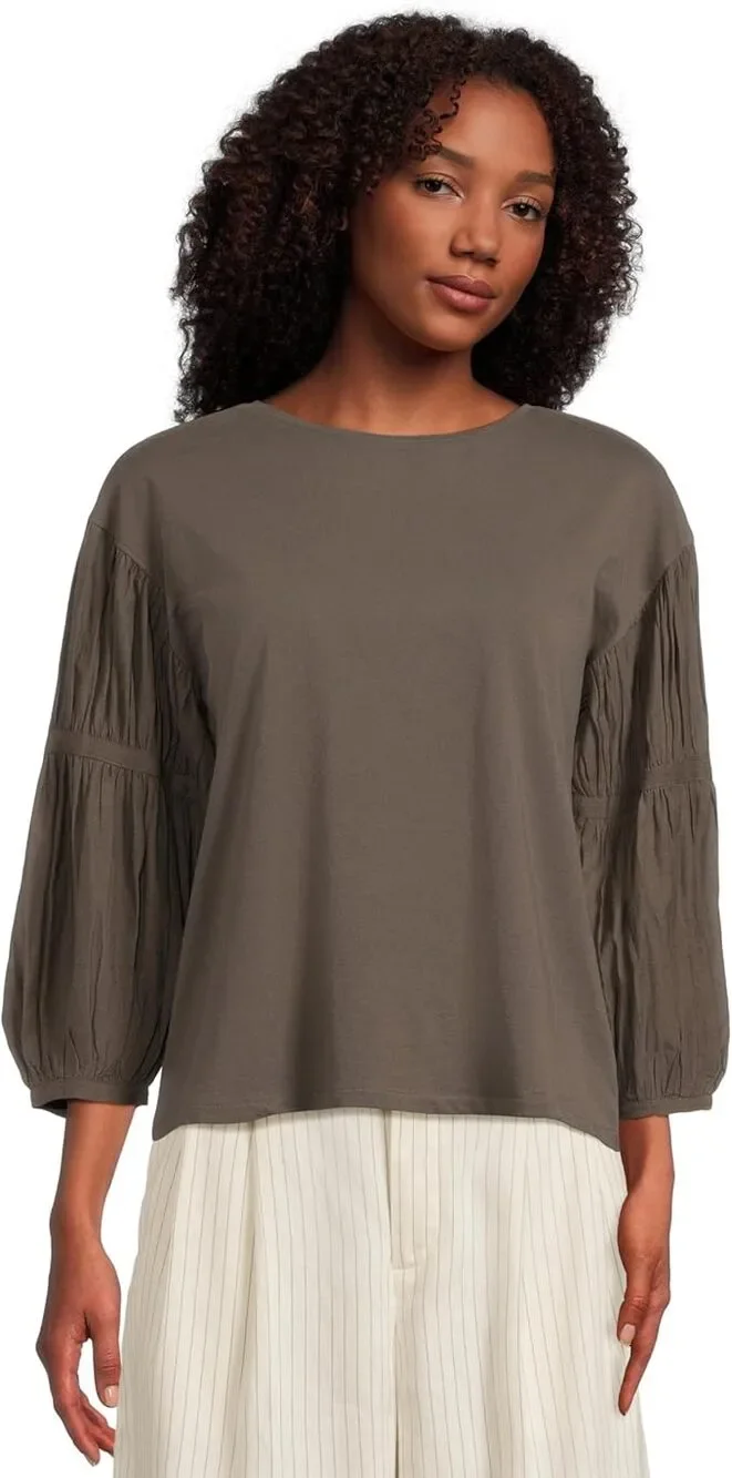 Madewell Femme Woven Mixy Top Womens L Grayish Brown Long Sleeve NU849 Crewneck